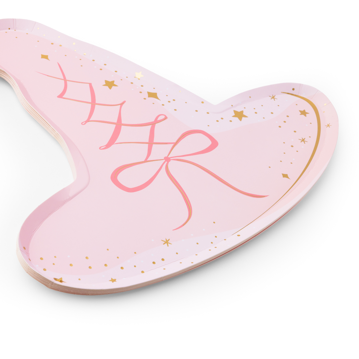 Close-up of pink witch hat paper plates with bow, stars and gold foil details