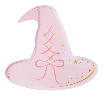 Pink witch hat shaped Halloween plates with bow, stars and gold foil details