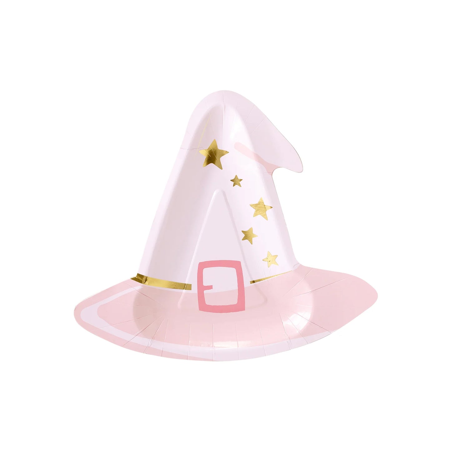 A witch hat shaped plate with gold foil details, predominantly pink in color, with a white band and stars.