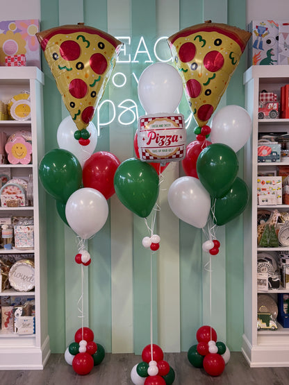 Pizza party balloon bundle with oversized pizza slice balloons and red, green and white balloons for birthday parties in Toronto.
