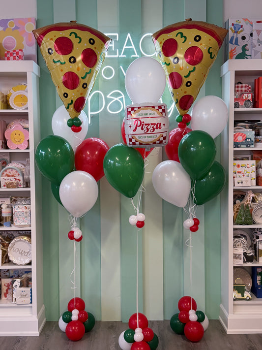 Pizza party balloon bundle with oversized pizza slice balloons and red, green and white balloons for birthday parties in Toronto.
