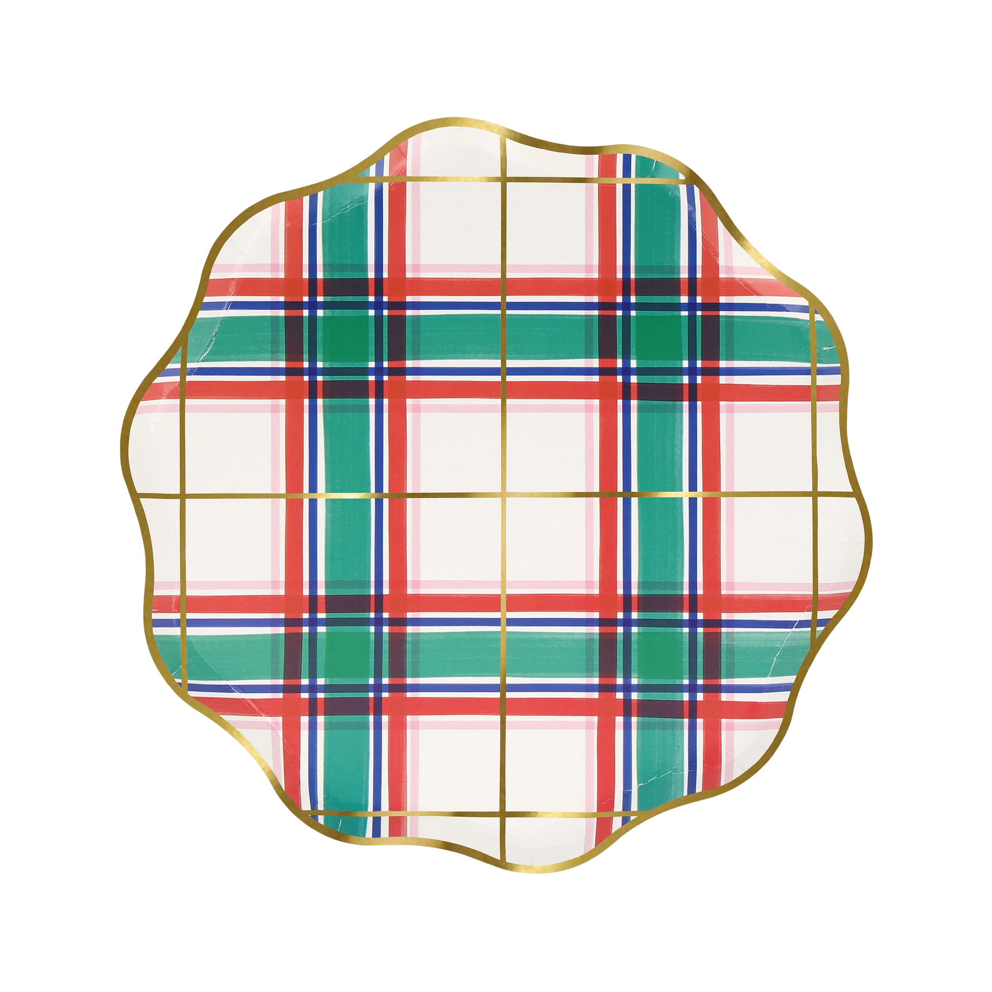 Green and red plaid Meri Meri paper side plates with gold foil detail, styled for festive events in Toronto.