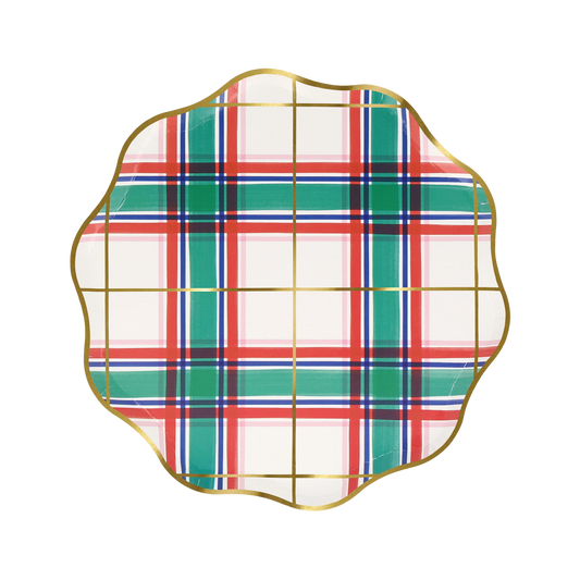 Green and red plaid Meri Meri paper side plates with gold foil detail, styled for festive events in Toronto.