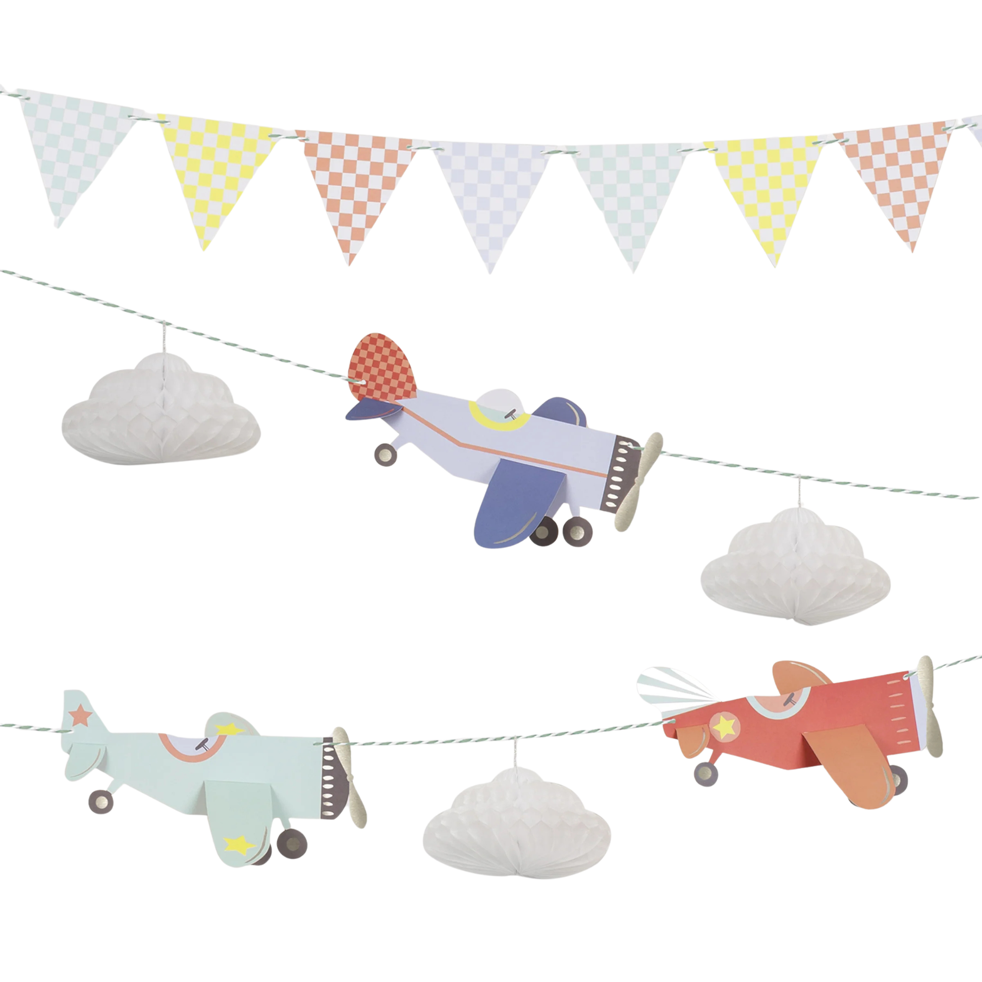 Close-up of Meri Meri planes garland featuring paper airplanes and honeycomb clouds, available at our Toronto party shop.