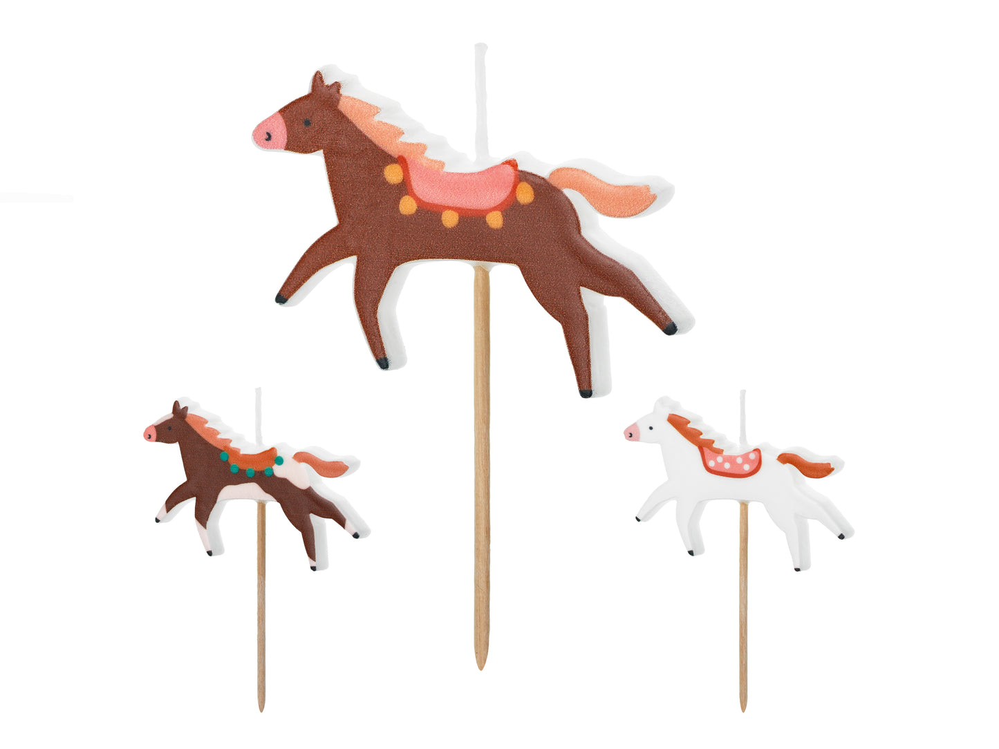Set of three pony-shaped birthday candles in assorted colours, approx. 5.8 × 4 cm (2.28" × 1.57"), available at Confetti My Party Toronto