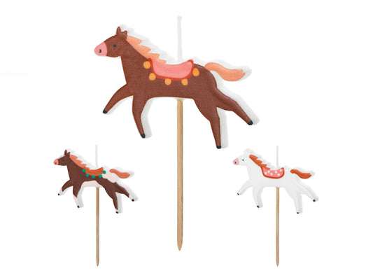 Set of three pony-shaped birthday candles in assorted colours, approx. 5.8 × 4 cm (2.28" × 1.57"), available at Confetti My Party Toronto