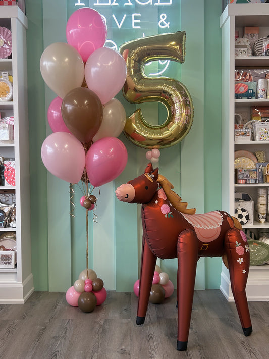 Pretty Pony Mini Kid Pop featuring a floral pony balloon with soft pink and neutral balloons for a kids birthday in Toronto.