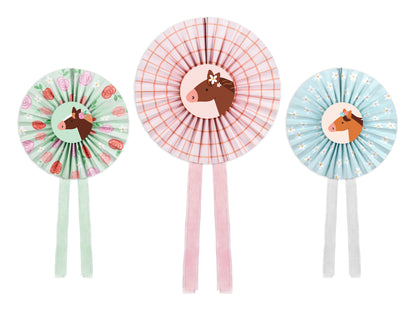 Set of three pastel pony hanging rosettes with ribbon tails, approx. 35 cm wide, available at Confetti My Party Toronto