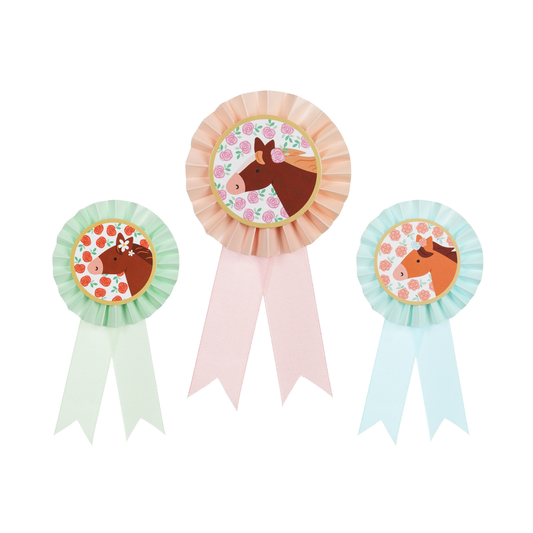 Set of three pastel pony rosette badges with ribbons, available at Confetti My Party Toronto