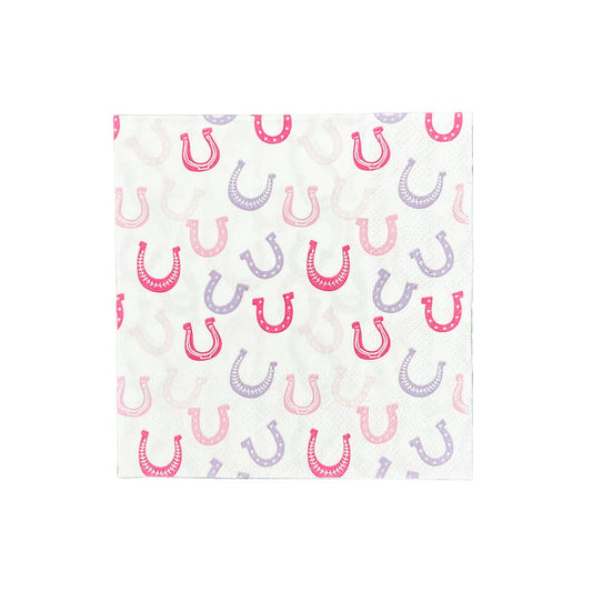 Pink and purple horseshoe patterned cocktail napkin from the Pony Tales collection, perfect for western-themed parties, available in Toronto and shipping across Canada.