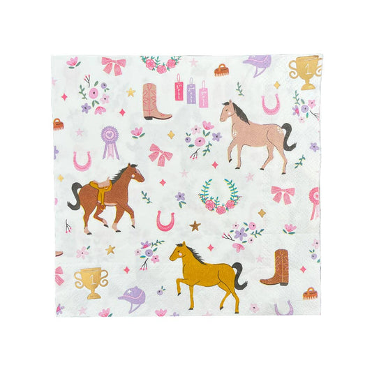 Large white napkin with colourful cowgirl-themed print from the Pony Tales collection, perfect for western parties, available in Toronto and shipping across Canada.