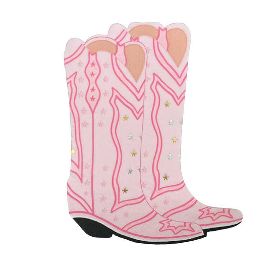 Pink cowboy boot-shaped napkin with gold star and swirl details from the Pony Tales collection, perfect for western parties, available in Toronto and shipping across Canada.