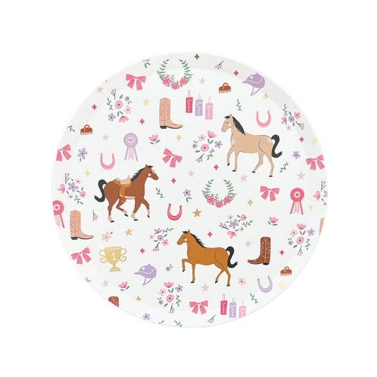 Small round cowgirl party plate with horse, boot, ribbon and floral designs.
