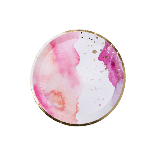 Round dessert plate with a pink and purple watercolour design, gold foil splatters, and a metallic gold rim.