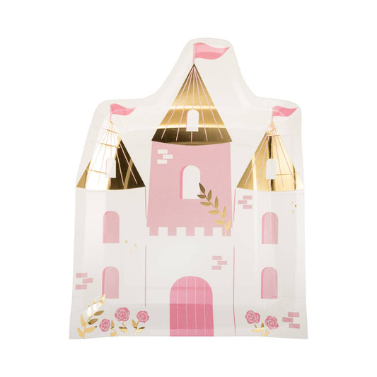 princess castle shaped paper plates with pink and gold foil details available at our Toronto party shop
