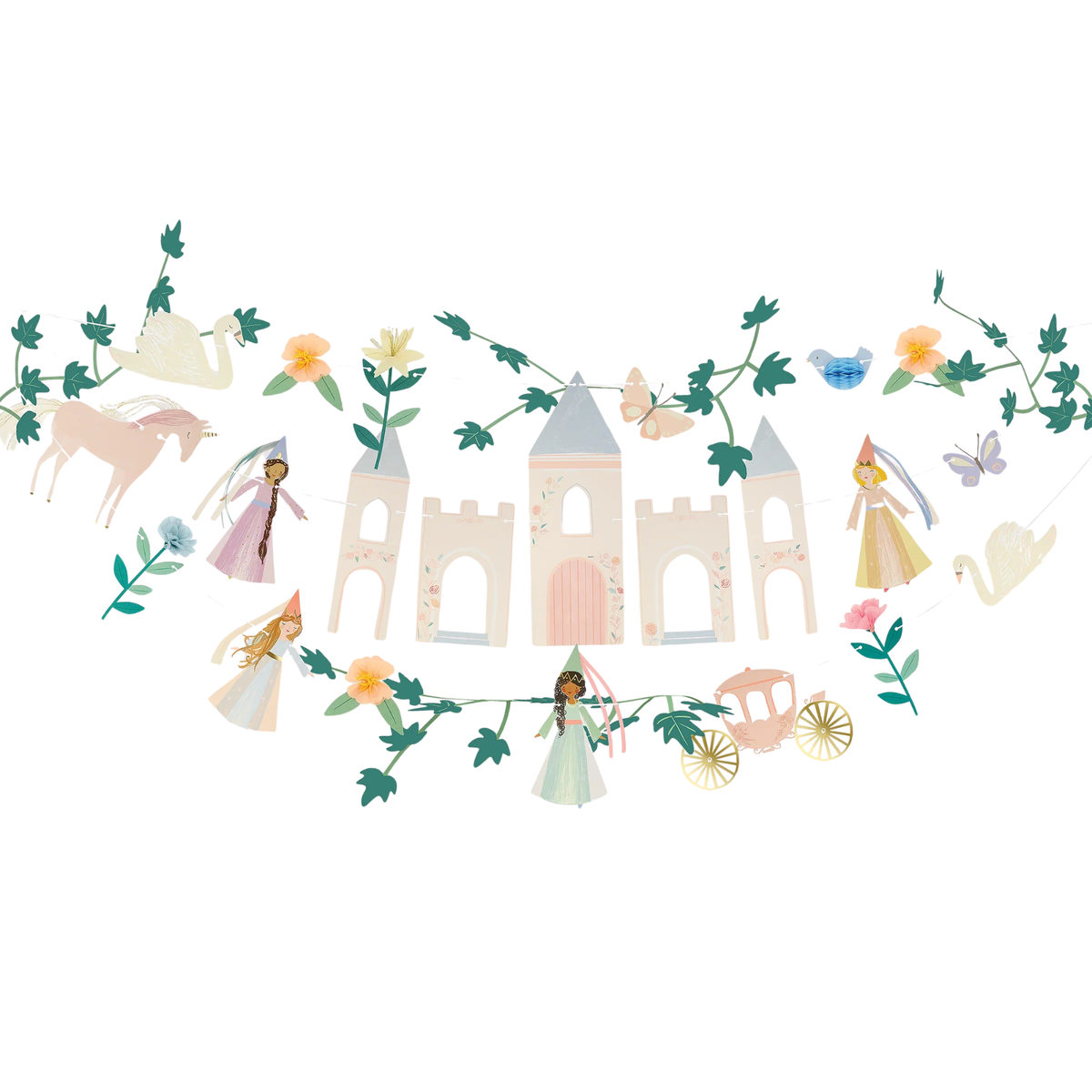 A whimsical fairy tale castle garland banner featuring pastel-colored towers, princesses, a deer, a carriage, butterflies, and floral vines on a white background.