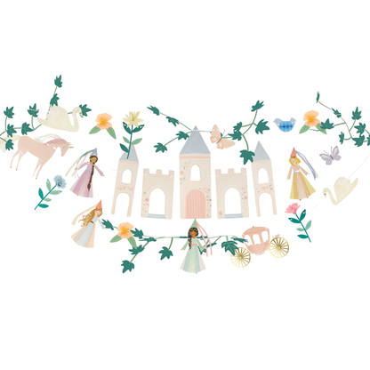 A whimsical fairy tale castle garland banner featuring pastel-colored towers, princesses, a deer, a carriage, butterflies, and floral vines on a white background.