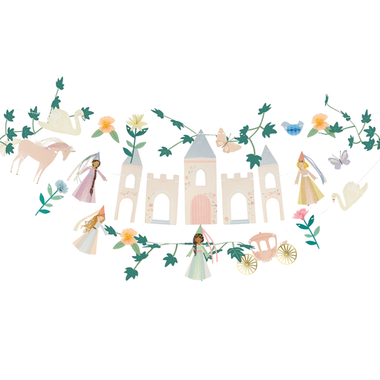 A whimsical fairy tale castle garland banner featuring pastel-colored towers, princesses, a deer, a carriage, butterflies, and floral vines on a white background.