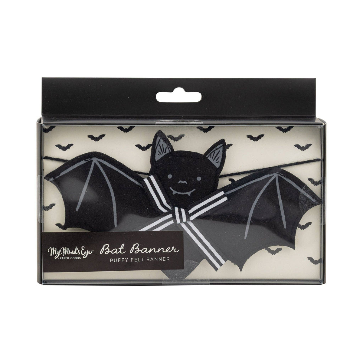 Puffy felt bat Halloween banner with striped bows in packaging