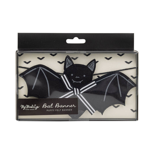 Puffy felt bat Halloween banner with striped bows in packaging