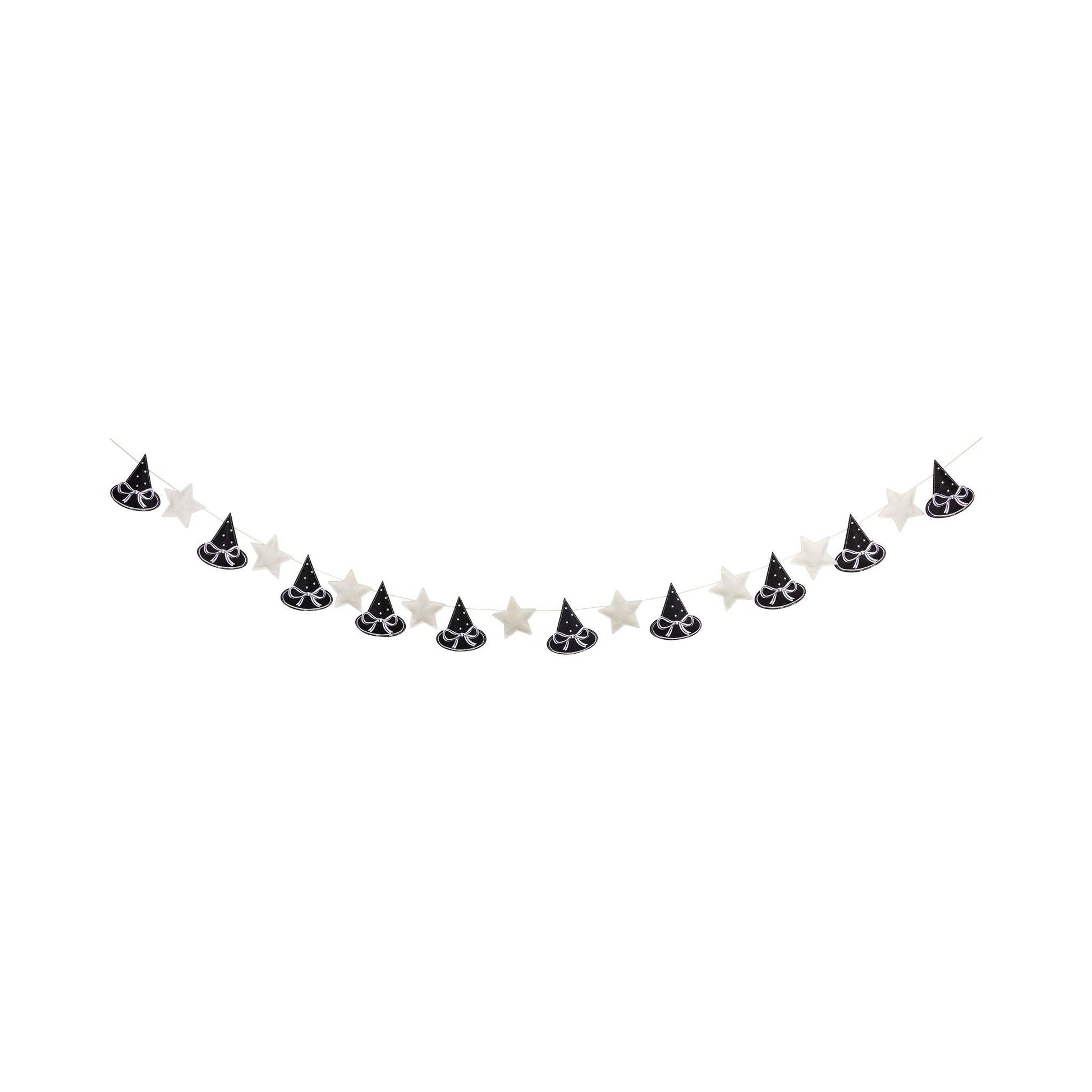 Halloween-themed garland with black witch hats and white stars on a white background