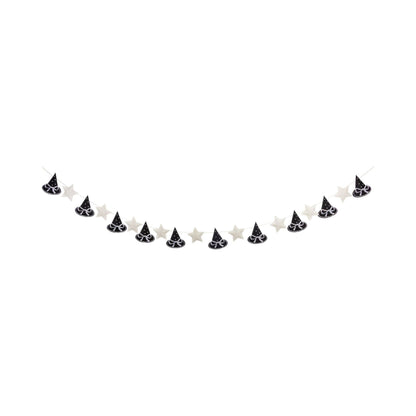 Halloween-themed garland with black witch hats and white stars on a white background