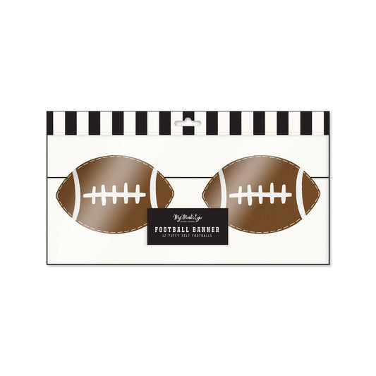 Puffy football felt banner with 12 brown footballs and white stitched details