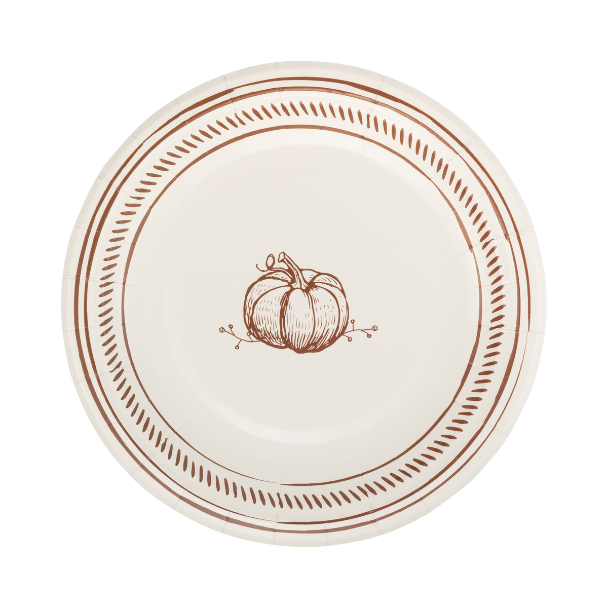Cream pumpkin dessert plates with brown line art pumpkin illustration and coordinating border design.