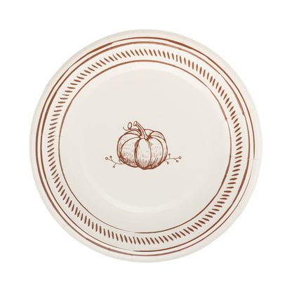 Cream pumpkin dessert plates with brown line art pumpkin illustration and coordinating border design.