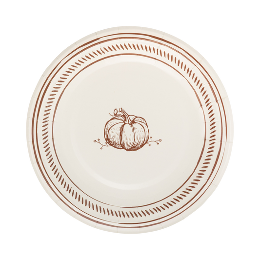 Cream pumpkin dessert plates with brown line art pumpkin illustration and coordinating border design.