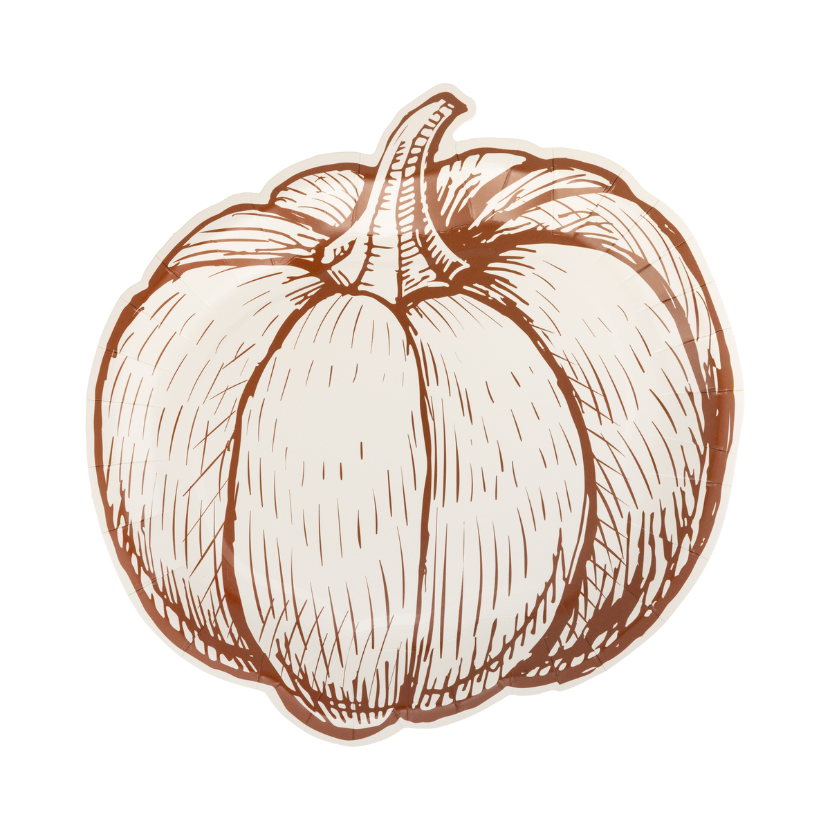 Cream pumpkin-shaped paper plate with brown vintage-inspired line art