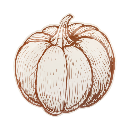 Cream pumpkin-shaped paper plate with brown vintage-inspired line art