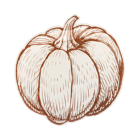 Cream pumpkin-shaped paper plate with brown vintage-inspired line art