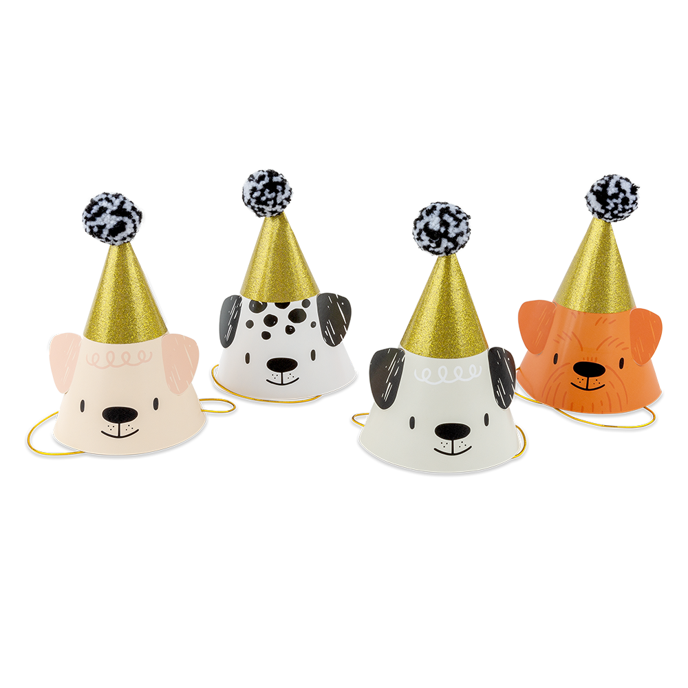 Set of four animal-themed party hats with gold and black accents on a white background