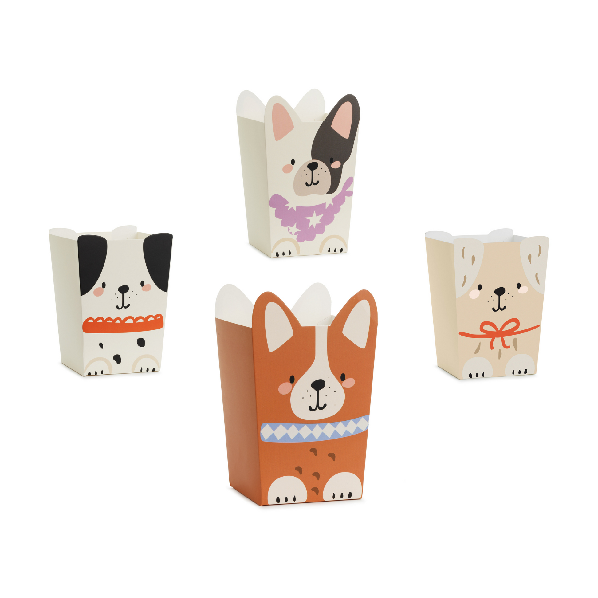 Four small paper popcorn boxes with dog illustrations on a white background