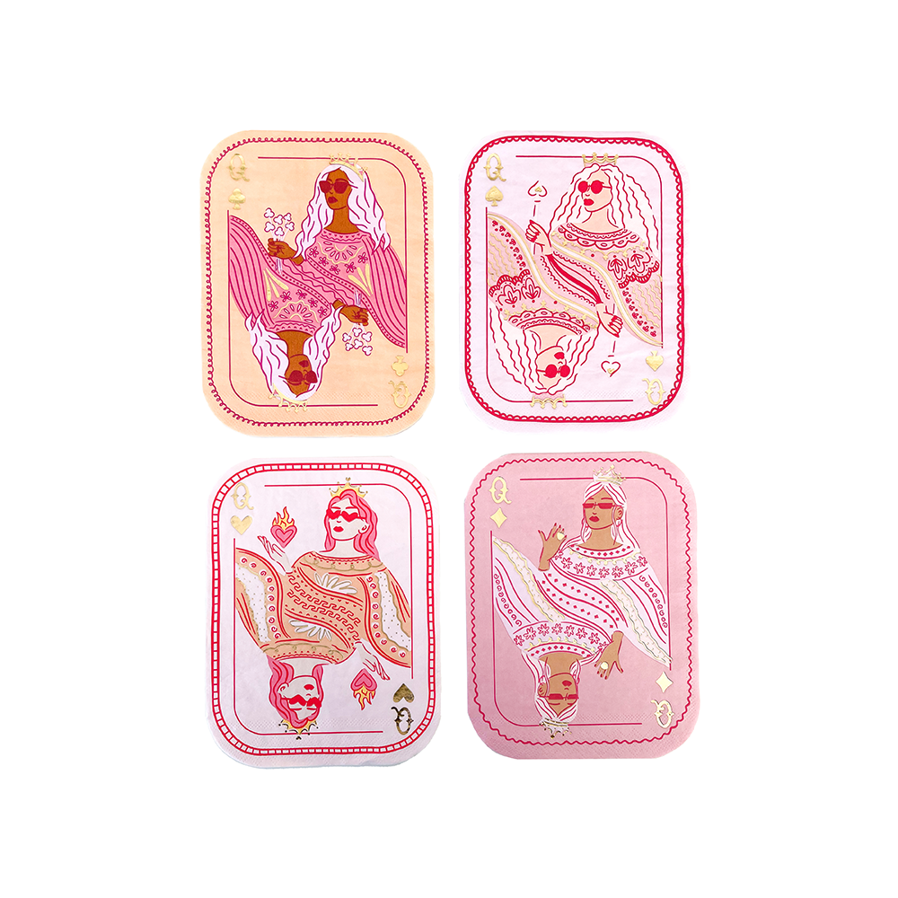 4 napkins on white background featuring different queen of hearts designs in shades of pink and red