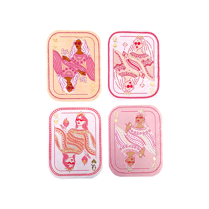 4 napkins on white background featuring different queen of hearts designs in shades of pink and red