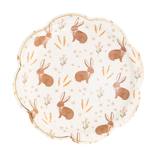 Rabbit scatter Easter plates with bunny, floral, and carrot illustrations, sold in Toronto at Confetti My Party