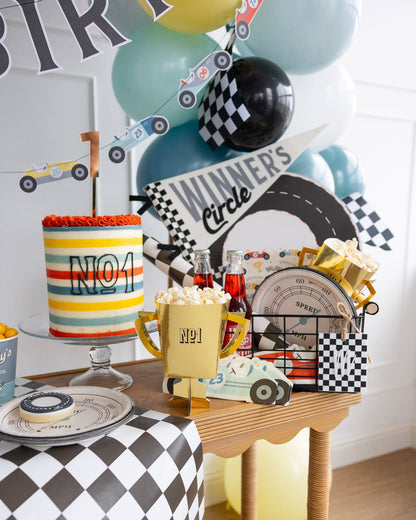 Winner’s Circle pennant styled at a race car birthday party in Toronto