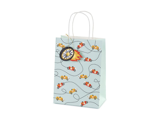 Race car gift bag with colourful cars and track pattern, available in Toronto at Confetti My Party. Ships across Canada.