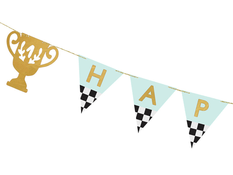 race car happy birthday banner - trophy and race car flag 