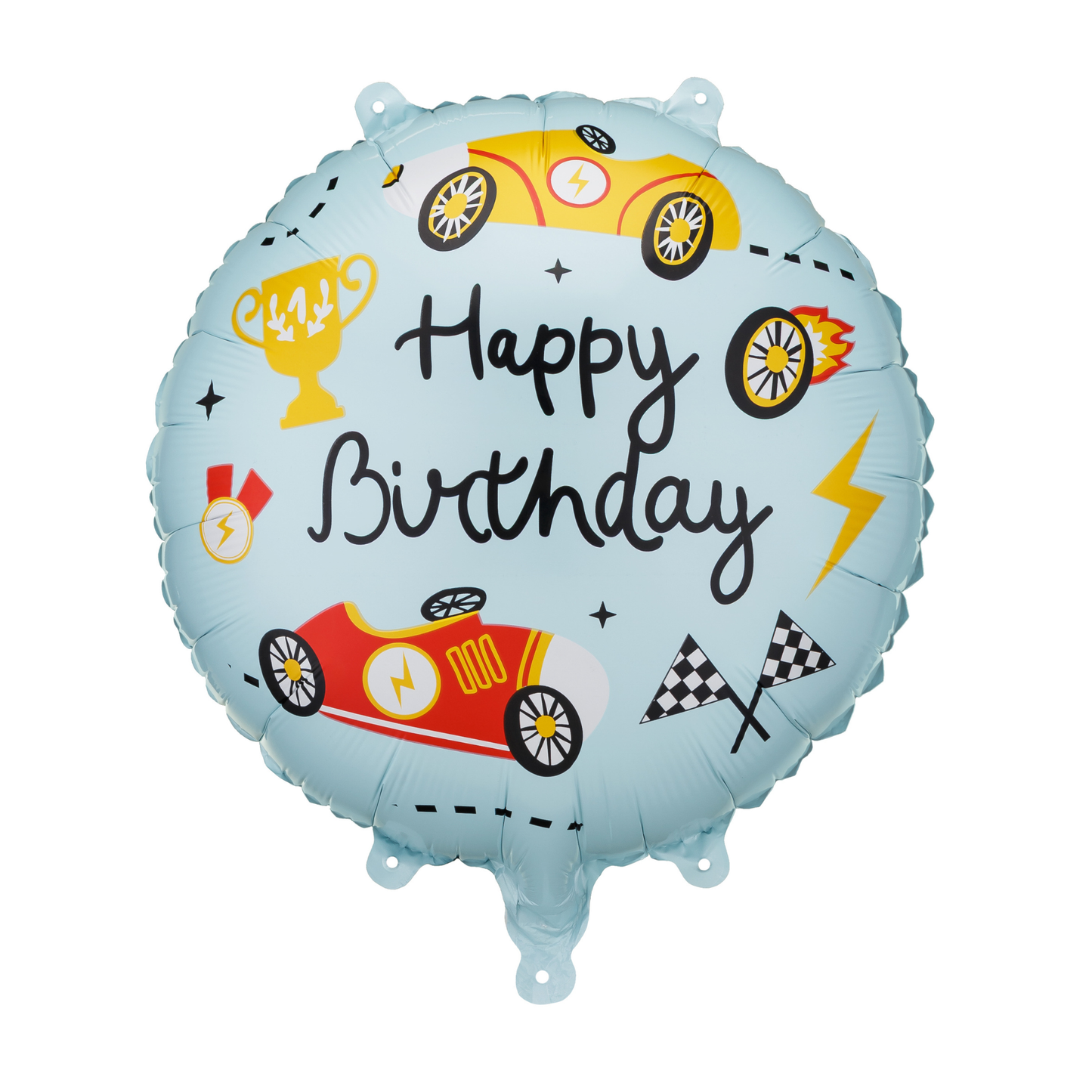 Light blue race car Happy Birthday foil balloon available at our Toronto party shop