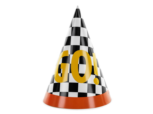 Checkered race car party hat with bold yellow “GO!” graphic, available in Toronto at Confetti My Party. Ships across Canada.