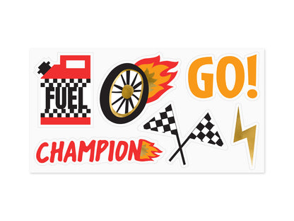 Race car sticker sheet with fuel can, wheel, flags, and “GO!” graphics, available in Toronto at Confetti My Party. Ships across Canada.