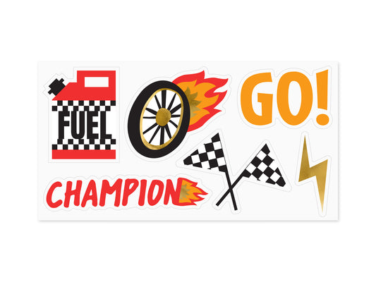 Race car sticker sheet with fuel can, wheel, flags, and “GO!” graphics, available in Toronto at Confetti My Party. Ships across Canada.