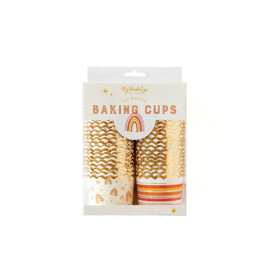 Pack of baking cups with rainbow and stripe design. Perfect for baking or treats. Sold in Toronto at Confetti my party + ships across Canada.