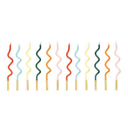 Rainbow curl birthday candles in assorted bright colours available at our Toronto party shop
