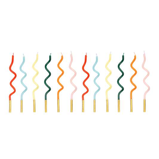 Rainbow curl birthday candles in assorted bright colours available at our Toronto party shop