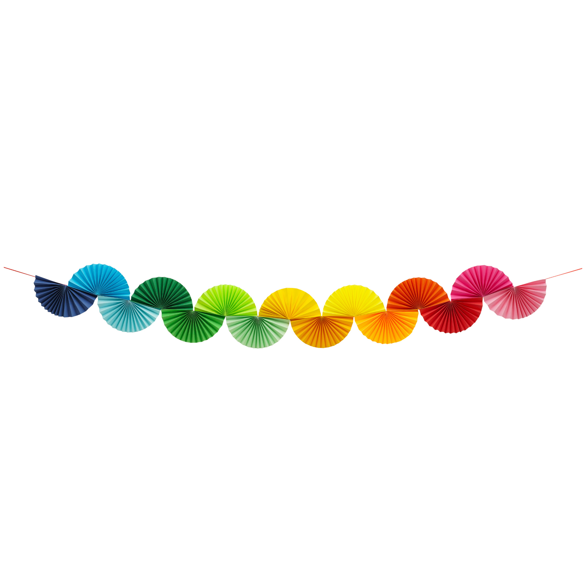 Colourful rainbow paper fan garland with pleated circles in red, orange, yellow, green, blue, and pink.