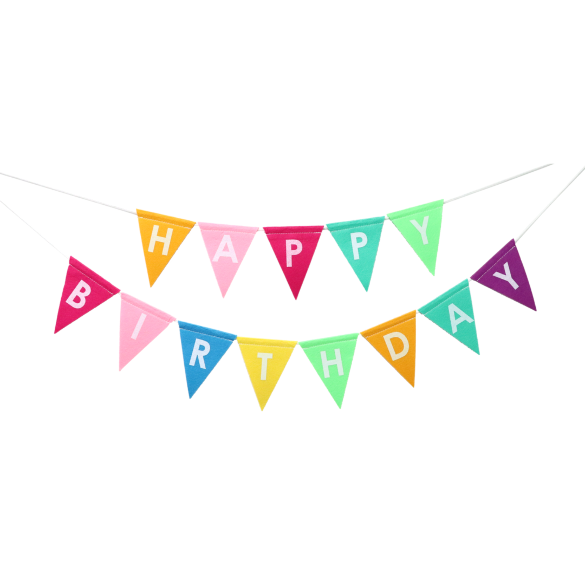 A colorful triangular banner spelling out 'HAPPY BIRTHDAY' on a white string, shown against a plain white background.